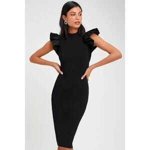 Lulus Stylish Splendor Black Backless Ruffle Bodycon Midi Dress - Size M